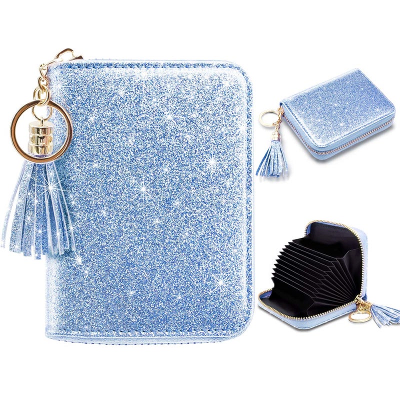 Coco Rossi Women's Small Credit Card Wallet ID Card Case for Girls RFID Glitter Cute Accordion Card Holder -Blue - Image 1